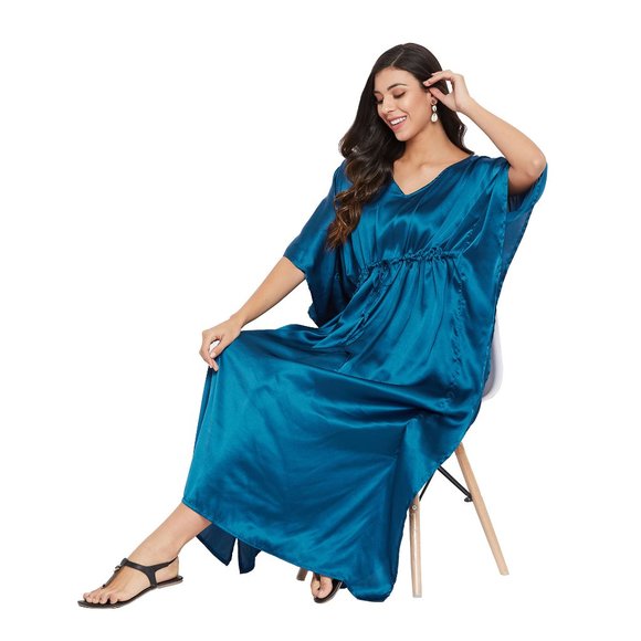 Womens Kaftan Dresses Solid Satin Drawstring Maxi Plus Size Dress for Nighty - Picture 4 of 10